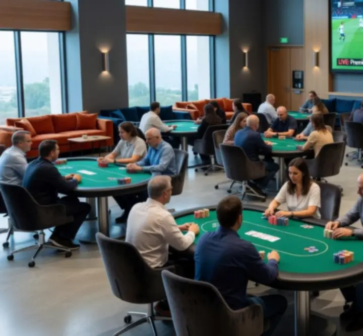 Wnętrze Rilvo Arena z pokerowymi stołami i dużymi ekranami sportowymi