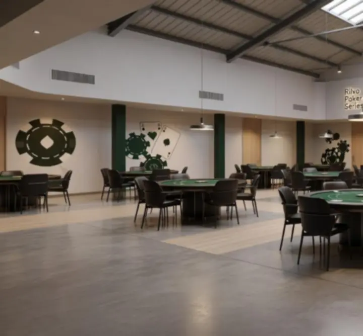 Nowoczesne wnętrze Rilvo Arena z pokerowymi stołami i strefą sportową