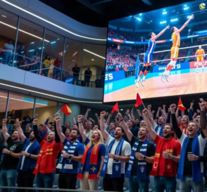 Widok dużego ekranu w Rilvo Arena podczas dynamicznej transmisji meczu.