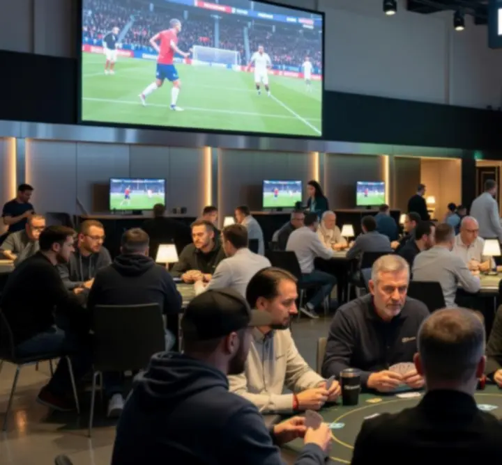 Widok strefy wydarzeń w Rilvo Arena z graczami przy stołach pokerowych i dużymi ekranami sportowymi