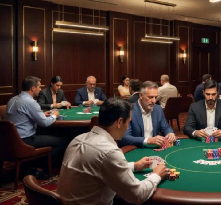 Wnętrze Rilvo Arena ze stołami pokerowymi w nastrojowym oświetleniu