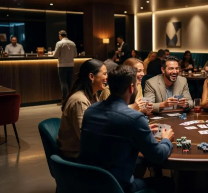 Grupa zrelaksowanych członków klubu pokerowego Rilvo Arena przy stoliku