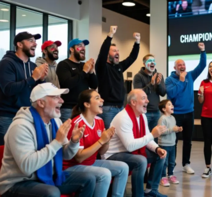Kibice w Rilvo Arena reagujący z entuzjazmem na wydarzenia sportowe transmitowane na dużych ekranach.